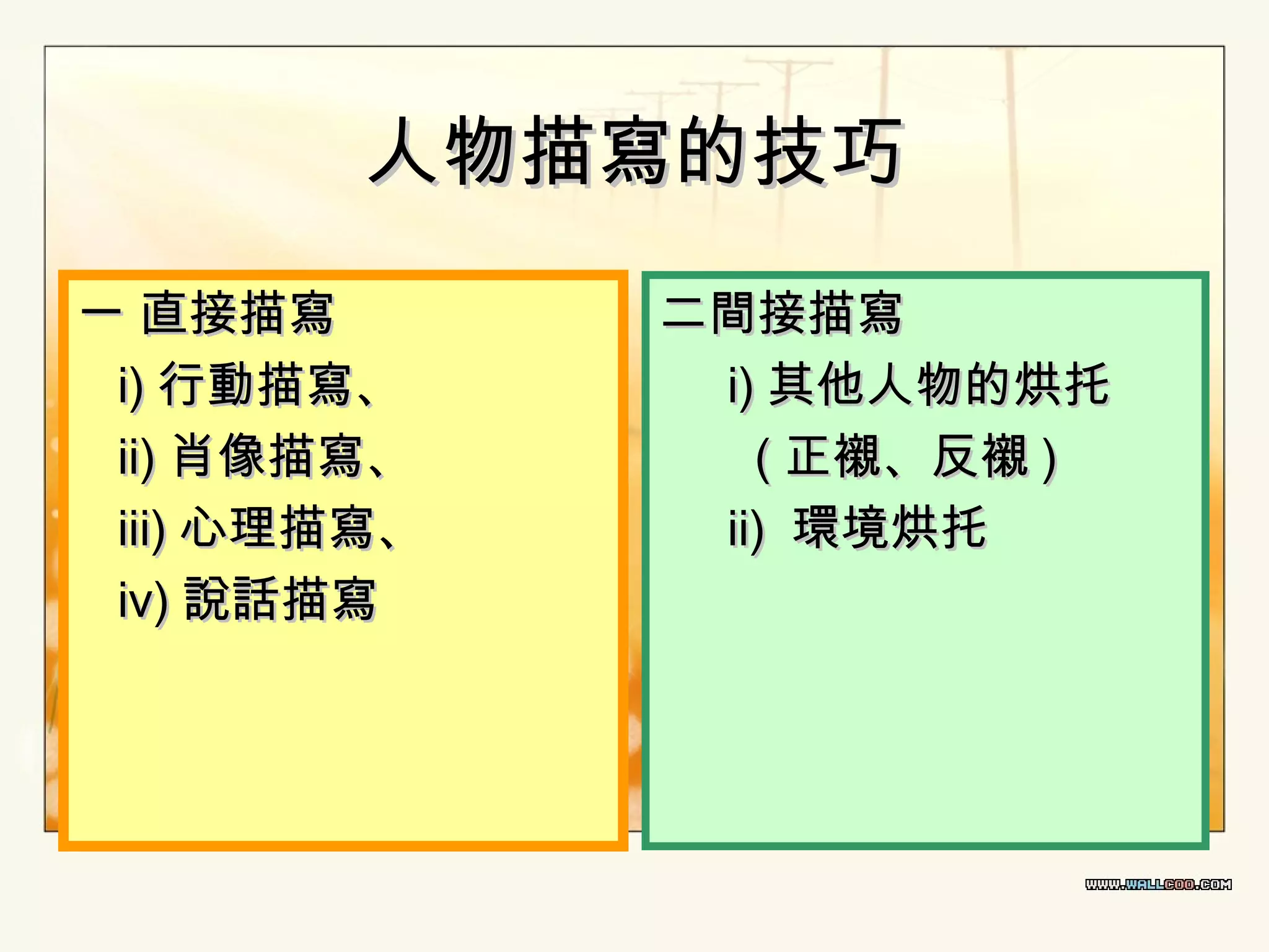 人物描寫的技巧
一 直接描寫
i) 行動描寫、
ii) 肖像描寫、
iii) 心理描寫、
iv) 說話描寫

二間接描寫
i) 其他人物的烘托
( 正襯、反襯 )
ii) 環境烘托

 