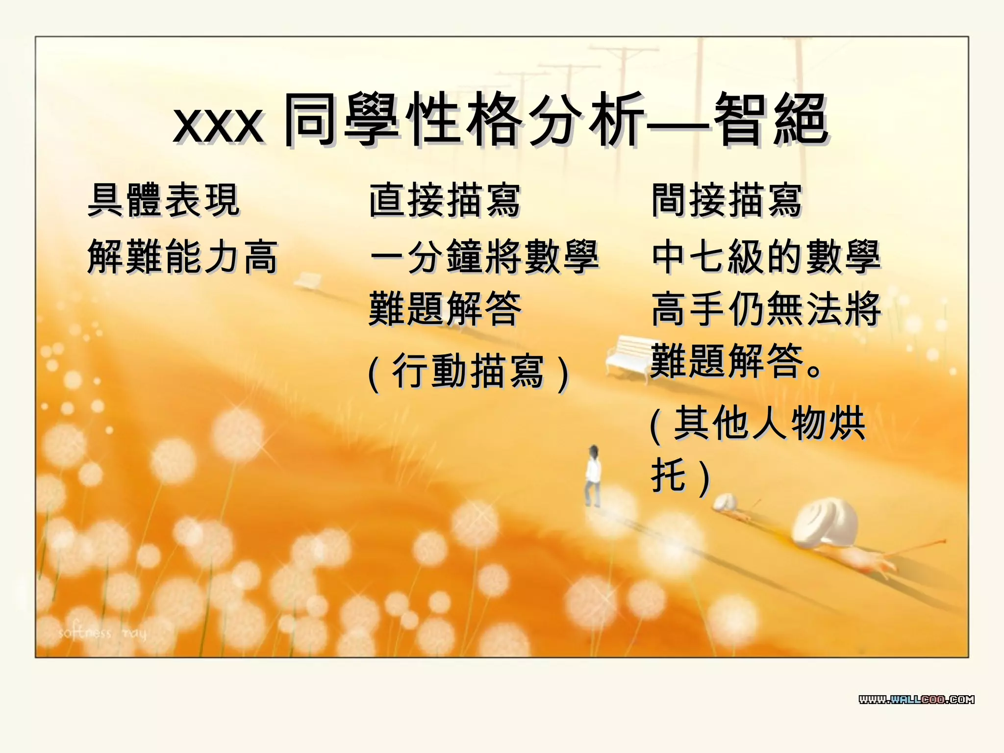 xxx 同學性格分析—智絕
具體表現
解難能力高

直接描寫
一分鐘將數學
難題解答
( 行動描寫 )

間接描寫
中七級的數學
高手仍無法將
難題解答。
( 其他人物烘
托)

 