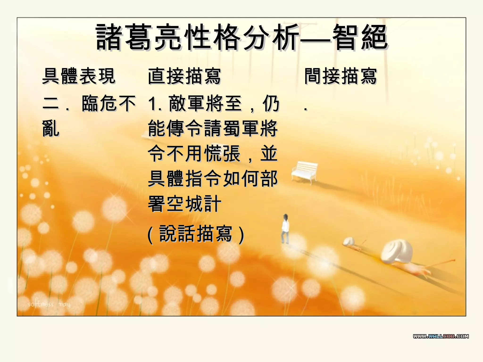 諸葛亮性格分析—智絕
具體表現
二 . 臨危不
亂

直接描寫
1. 敵軍將至，仍
能傳令請蜀軍將
令不用慌張，並
具體指令如何部
署空城計
( 說話描寫 )

間接描寫
.

 