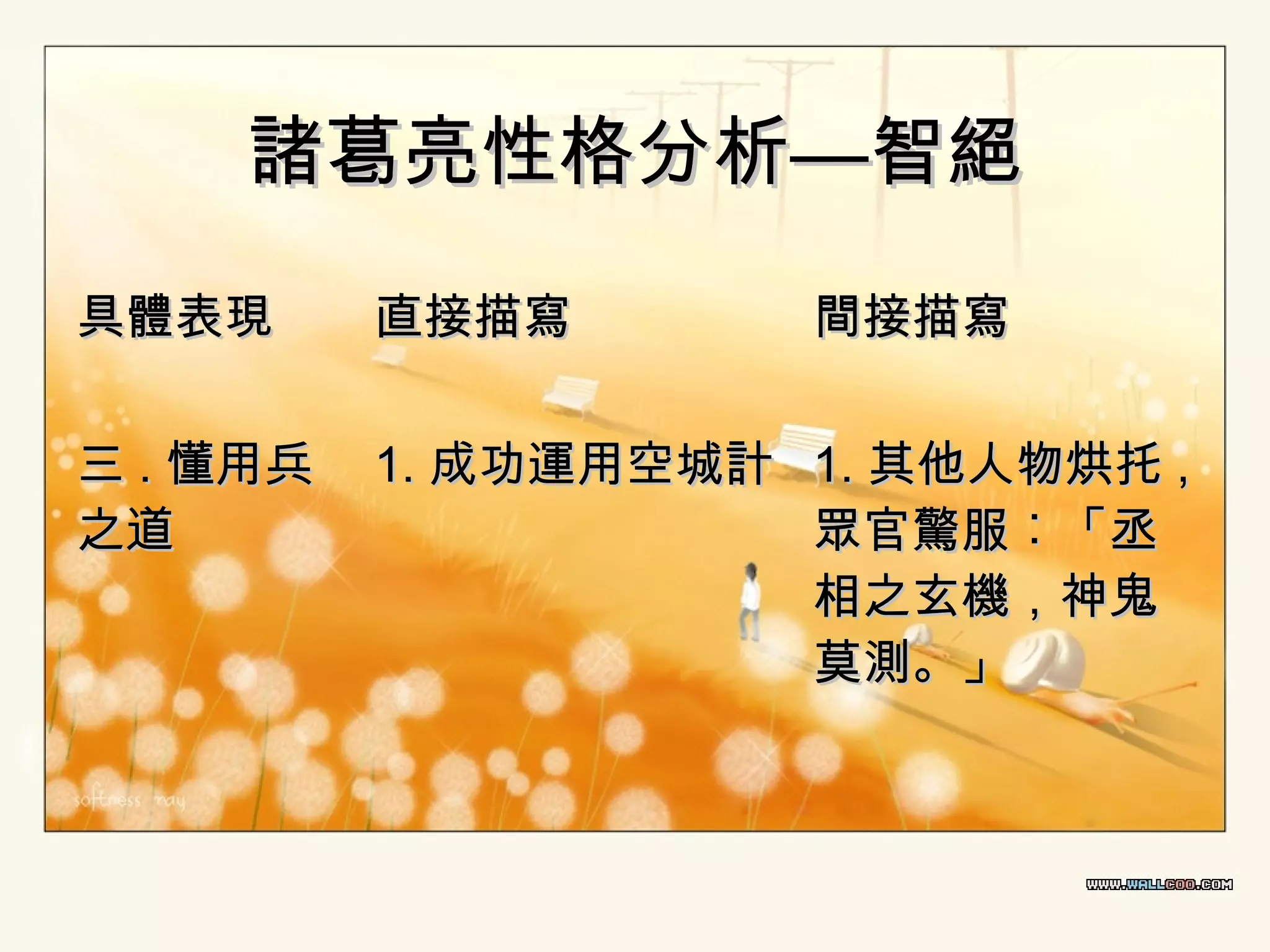 諸葛亮性格分析—智絕
具體表現

直接描寫

間接描寫

三 . 懂用兵
之道

1. 成功運用空城計 1. 其他人物烘托 ,
眾官驚服︰「丞
相之玄機，神鬼
莫測。」

 