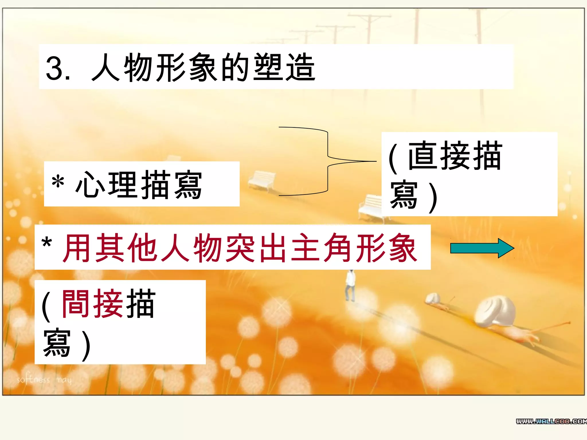 3. 人物形象的塑造
* 心理描寫

( 直接描
寫)

* 用其他人物突出主角形象
( 間接描
寫)

 