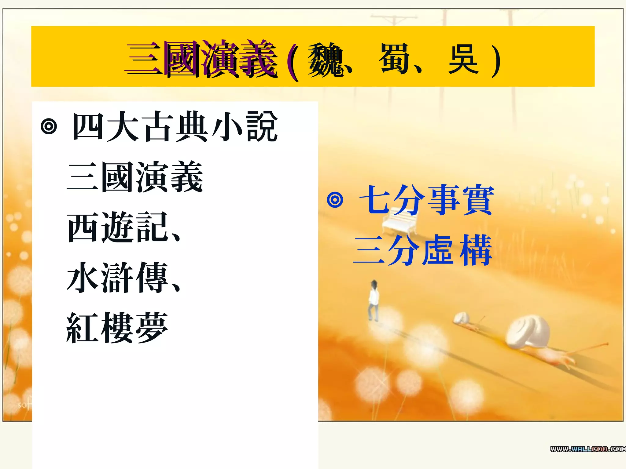 三國演義 ( 魏、蜀、吳 )
◎ 四大古典小說
三國演義
西遊記、
水滸傳、
紅樓夢

◎ 七分事實　
三分虛 構

 