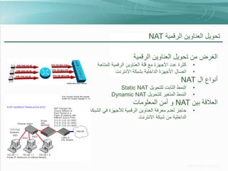 ‫تحويل العناوين الرقمية ‪NAT‬‬
‫الغرض من تحويل العناوين الرقمية‬
‫•‬
‫•‬

‫كثرة عدد األجهزة مع قلة العناوين الرقمية المتاحة‬
‫اتصال األجهزة الداخلية بشبكة االنترنت‬

‫أنواع ال ‪NAT‬‬
‫•‬
‫•‬

‫النمط الثابت للتحويل ‪Static NAT‬‬
‫النمط المتغير للتحويل ‪Dynamic NAT‬‬

‫العالقة بين ‪ NAT‬و أمن المعلومات‬
‫•‬

‫حاجز لعدم معرفة العناوين الرقمية لألجهزة في الشبكة‬
‫الداخلية من شبكة االنترنت‬

 