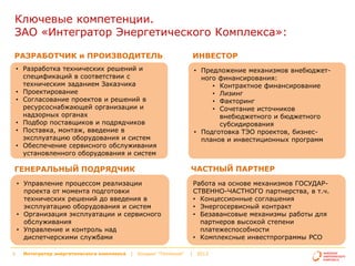 Ключевые компетенции.
ЗАО «Интегратор Энергетического Комплекса»:
РАЗРАБОТЧИК и ПРОИЗВОДИТЕЛЬ

ИНВЕСТОР

• Разработка технических решений и
спецификаций в соответствии с
техническим заданием Заказчика
• Проектирование
• Согласование проектов и решений в
ресурсоснабжающей организации и
надзорных органах
• Подбор поставщиков и подрядчиков
• Поставка, монтаж, введение в
эксплуатацию оборудования и систем
• Обеспечение сервисного обслуживания
установленного оборудования и систем

• Предложение механизмов внебюджетного финансирования:
• Контрактное финансирование
• Лизинг
• Факторинг
• Сочетание источников
внебюджетного и бюджетного
субсидирования
• Подготовка ТЭО проектов, бизнеспланов и инвестиционных программ

ЧАСТНЫЙ ПАРТНЕР

ГЕНЕРАЛЬНЫЙ ПОДРЯДЧИК
• Управление процессом реализации
проекта от момента подготовки
технических решений до введения в
эксплуатацию оборудования и систем
• Организация эксплуатации и сервисного
обслуживания
• Управление и контроль над
диспетчерскими службами
3

Интегратор энергетического комплекса | Холдинг "Теплоком"
Интегратор энергетического комплекса

|
|

2013
Холдинг

"Теплоком"

Работа на основе механизмов ГОСУДАРСТВЕННО-ЧАСТНОГО партнерства, в т.ч.
• Концессионные соглашения
• Энергосервисный контракт
• Безавансовые механизмы работы для
партнеров высокой степени
платежеспособности
• Комплексные инвестпрограммы РСО
|

2013

 