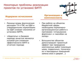 Некоторые проблемы реализации
проектов по установке БИТП
Организация и
комплексность

Издержки исчисления
•

•

6

Разница между фактическим
расходом ТЭ и ГВС на ОДН и
утвержденными нормативами
на ОДН снижает экономию от
установки БИТП;
«Недотопы» в базовом
периоде зачастую являются
основой для снижения
эффективности БИТП в
отчетном периоде

Интегратор энергетического комплекса | Холдинг "Теплоком"

| 2013

•

При работе на объектах
бюджетной сферы
необходима нормативноорганизационные работа в
противовес «открыванию
форточек» и «жалобам на
холод»

•

Большинство объектов
демонстрируют проектный
эффект при проведении
комплексных работ (изоляция
швов, подвальных, техническ
их и мансардных помещений
замена окон и дверей …)

 