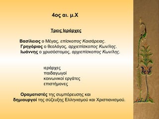 4ος αι. μ.Χ
Τρεις Ιεράρχες
Βασίλειος ο Μέγας, επίσκοπος Καισάρειας.
Γρηγόριος ο θεολόγος, αρχιεπίσκοπος Κων/λης.
Ιωάννης ο...