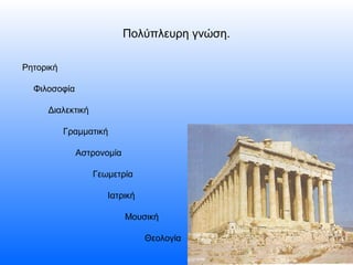 Πολύπλευρη γνώση.
Ρητορική
Φιλοσοφία
Διαλεκτική
Γραμματική
Αστρονομία
Γεωμετρία
Ιατρική
Μουσική
Θεολογία

 