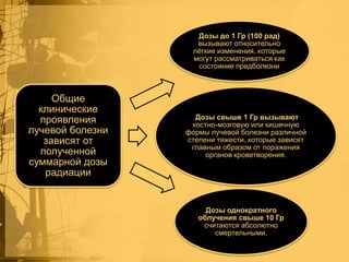 Дозы до 1 Гр (100 рад)
вызывают относительно
лѐгкие изменения, которые
могут рассматриваться как
состояние предболезни

Общие
клинические
проявления
лучевой болезни
зависят от
полученной
суммарной дозы
радиации

Дозы свыше 1 Гр вызывают
костно-мозговую или кишечную
формы лучевой болезни различной
степени тяжести, которые зависят
главным образом от поражения
органов кроветворения.

Дозы однократного
облучения свыше 10 Гр
считаются абсолютно
смертельными.

 