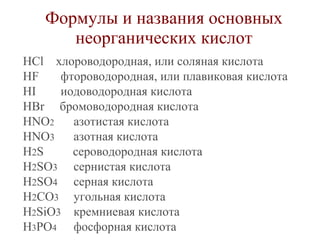 Формулы и названия основных
неорганических кислот
HCl хлороводородная, или соляная кислота
HF
фтороводородная, или плавиковая кислота
HI
иодоводородная кислота
HBr бромоводородная кислота
HNO2
азотистая кислота
HNO3
азотная кислота
H2S
сероводородная кислота
H2SO3 сернистая кислота
H2SO4 серная кислота
H2CO3 угольная кислота
H2SiO3 кремниевая кислота
H3PO4 фосфорная кислота

 