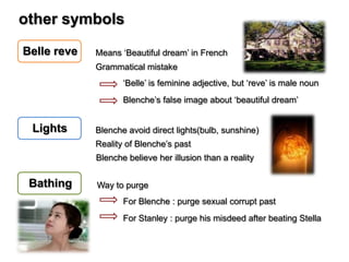 other symbols
Belle reve

Means ‘Beautiful dream’ in French
Grammatical mistake
‘Belle’ is feminine adjective, but ‘reve’ is male noun
Blenche’s false image about ‘beautiful dream’

Lights

Blenche avoid direct lights(bulb, sunshine)
Reality of Blenche’s past
Blenche believe her illusion than a reality

Bathing

Way to purge
For Blenche : purge sexual corrupt past
For Stanley : purge his misdeed after beating Stella

 