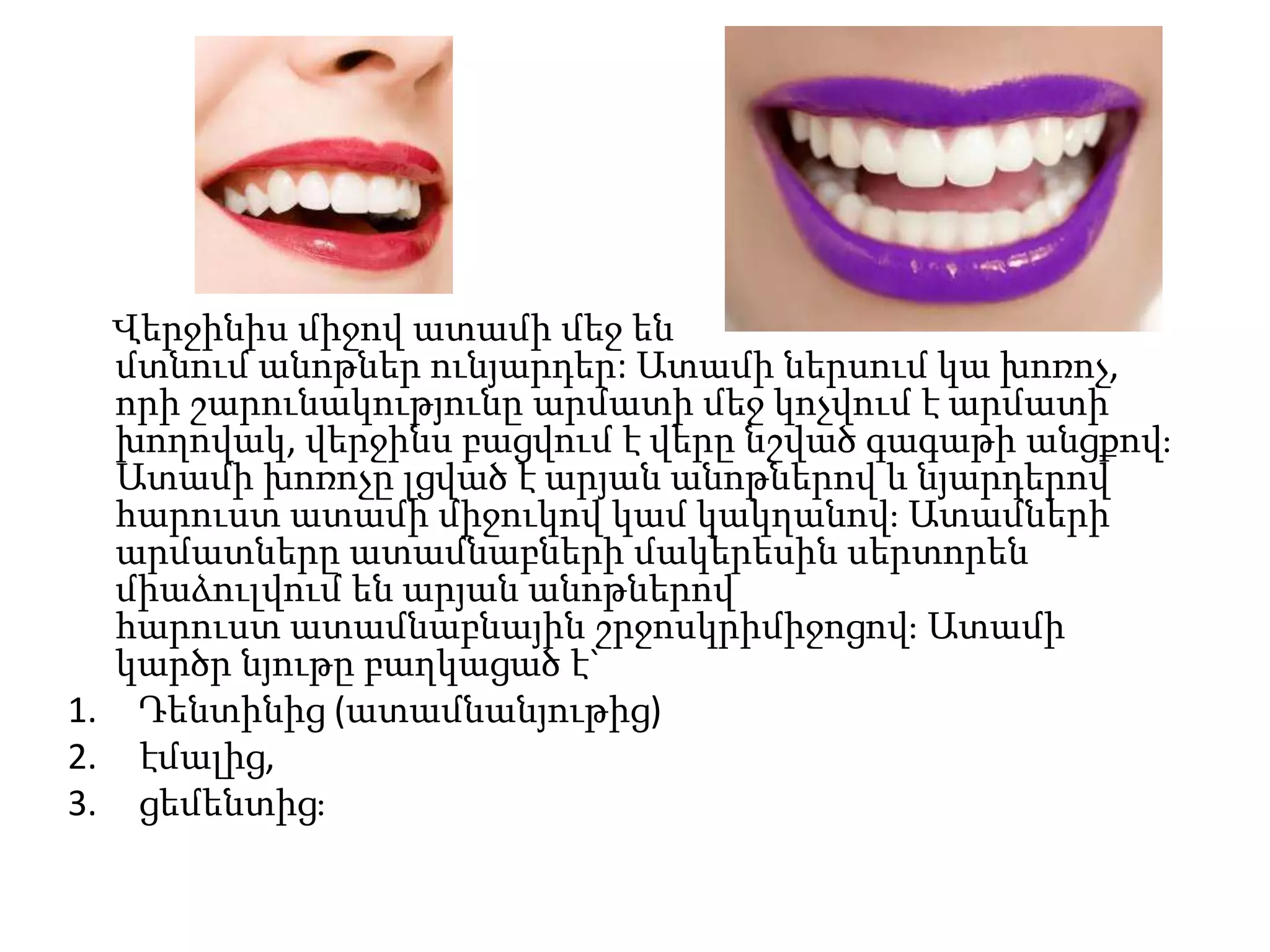 Վերջինիս միջով ատամի մեջ են
մտնում անոթներ ունյարդեր: Ատամի ներսում կա խոռոչ,
որի շարունակությունը արմատի մեջ կոչվում է արմատի
խողովակ, վերջինս բացվում է վերը նշված գագաթի անցքով։
Ատամի խոռոչը լցված է արյան անոթներով և նյարդերով
հարուստ ատամի միջուկով կամ կակղանով։ Ատամների
արմատները ատամնաբների մակերեսին սերտորեն
միաձուլվում են արյան անոթներով
հարուստ ատամնաբնային շրջոսկրիմիջոցով։ Ատամի
կարծր նյութը բաղկացած է`
1. Դենտինից (ատամնանյութից)
2. էմալից,
3. ցեմենտից։

 