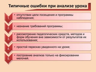 Типичные ошибки при анализе урока
1.
2.

3.
4.
5.

• отсутствии цели посещения и программы
наблюдения;

• незнание требований программы;
• рассмотрение педагогических средств, методов и
форм обучения вне зависимости от результатов их
использования;
• простой пересказ увиденного на уроке;
• построение анализа только на фиксировании
мелочей.

 