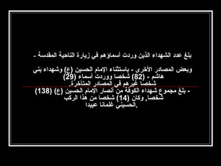 ‫بلغ عدد الشهدا ء الذين وردت أسماؤهم في زيارة الناحية المقدسة-‬
‫وبعض المصادر الخرى - باستثنا ء المام الحسين )ع( وشهدا ء بني‬
‫هاشم - )28( شخصا ووردت أسما ء )92(‬
‫شخصا غيرهم في المصادر المتأخرة.‬
‫ بلغ مجموع شهدا ء الكوفة من أنصار المام الحسين )ع( )831(‬‫شخصا, وكان )41( شخصا من هذا الركب‬
‫.الحسيني غلمانا عبيدا‬

 