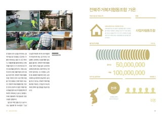전북주거복지협동조합 가온
주요사업 및 사업소개

유형

농촌빈집정비사업, 석면해제, 제거 등
건축자활기업 5개 업체가 협업화를 통한 규모확대
를 이루어 석면철거, 토목공사 등 각기 다른 전문성
을 가지고 사업을 이어나가고 있다. 주택에너지 효율

사업자협동조합

개선 등 주거복지전문 시공업체로서의 입지를 탄탄
히 다졌다.

출자금 및 매출

은 벌써 5개 시군을 아우르는 광

내 살만 따듯한 게 아니라 마음마

역기업으로 인정받고 있지만, 이

저 따듯하게 하는 집”이라고 대

들이 바라보는 꿈은 더 크고 푸르

답했다. 화려하고 빛깔 예쁜 집도

다. 자활센터를 통해 태어난 건축

물론 좋지만, 전북주거복지협동

자활기업의 수가 전국적으로 무

조합 가온이 지을 집은 소비자의

려 200개를 넘어선다. 만일 200

경제규모에 맞는 합리적이고 편

여 곳의 건축 자활기업이 모두 힘

안한 집이라는 것. 자재비, 노무

을 모은다면, 전북주거복지협동

비 등 세세한 비용까지 모두 소비

조합 가온은 전국 시군구에 지점

자에게 공개하며 양심적인 공사

을 가진 엄청난 건축기업이 되는

를 하고 있다는 전북주거복지협

것. 전북주거복지협동조합 가온

동조합 가온은 그 ‘양심’이 자신의

은 전국 곳곳의 더 많은 자활기업

최대 전략이 될 것임을 의심치 않

과 힘을 합쳐 5년 후 종합건축 면

는다.

(단위: 원)

농촌빈집정비사업

출자금

매출
위치 및 일반정보

50,000,000
100,000,000

조합원 수

전주

허까지 취득하고 싶다고 밝혔다.
이제 이들에게 가장 필요한 것은
수많은 경험이다.
앞으로 어떤 집을 짓고 싶으시

전라북도 전주시
완산구 서곡3길 14

5명

냐는 질문에 곽 이사장은 “그냥
66

협동조합사례집

67

 