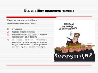 Корупційне правопорушення
Діяння визнається корупційним
правопорушенням, якщо воно:
1)
2)
3)
4)

є умисним;
містить ознаки корупції;
вчинене певним суб’єктом – особою,
зазначеною у ст. 4 Закону;
за нього законом установлена
юридична відповідальність певного
виду – кримінальна, адміністративна,
цивільно-правова та дисциплінарна.

 