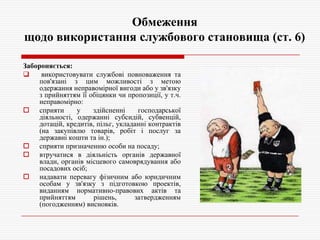 Обмеження
щодо використання службового становища (ст. 6)
Забороняється:

використовувати службові повноваження та
пов'язані з цим можливості з метою
одержання неправомірної вигоди або у зв'язку
з прийняттям її обіцянки чи пропозиції, у т.ч.
неправомірно:
 сприяти
у
здійсненні
господарської
діяльності, одержанні субсидій, субвенцій,
дотацій, кредитів, пільг, укладанні контрактів
(на закупівлю товарів, робіт і послуг за
державні кошти та ін.);
 сприяти призначенню особи на посаду;
 втручатися в діяльність органів державної
влади, органів місцевого самоврядування або
посадових осіб;
 надавати перевагу фізичним або юридичним
особам у зв'язку з підготовкою проектів,
виданням нормативно-правових актів та
прийняттям
рішень,
затвердженням
(погодженням) висновків.

 