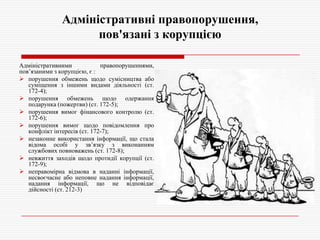 Адміністративні правопорушення,
пов'язані з корупцією
Адміністративними
правопорушеннями,
пов’язаними з корупцією, є :
 порушення обмежень щодо сумісництва або
суміщення з іншими видами діяльності (ст.
172-4);
 порушення обмежень щодо одержання
подарунка (пожертви) (ст. 172-5);
 порушення вимог фінансового контролю (ст.
172-6);
 порушення вимог щодо повідомлення про
конфлікт інтересів (ст. 172-7);
 незаконне використання інформації, що стала
відома особі у зв’язку з виконанням
службових повноважень (ст. 172-8);
 невжиття заходів щодо протидії корупції (ст.
172-9);
 неправомірна відмова в наданні інформації,
несвоєчасне або неповне надання інформації,
надання інформації, що не відповідає
дійсності (ст. 212-3)

 