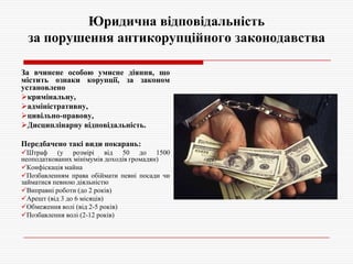 Юридична відповідальність
за порушення антикорупційного законодавства
За вчинене особою умисне діяння, що
містить ознаки корупції, за законом
установлено
кримінальну,
адміністративну,
цивільно-правову,
Дисциплінарну відповідальність.
Передбачено такі види покарань:
Штраф (у розмірі від 50 до 1500
неоподаткованих мінімумів доходів громадян)
Конфіскація майна
Позбавленням права обіймати певні посади чи
займатися певною діяльністю
Виправні роботи (до 2 років)
Арешт (від 3 до 6 місяців)
Обмеження волі (від 2-5 років)
Позбавлення волі (2-12 років)

 