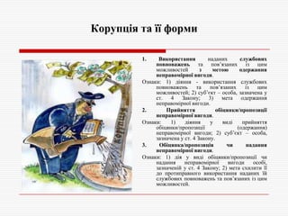 Корупція та її форми
Використання
наданих
службових
повноважень та пов’язаних із цим
можливостей
з
метою
одержання
неправомірної вигоди.
Ознаки: 1) діяння - використання службових
повноважень
та
пов’язаних
із
цим
можливостей; 2) суб’єкт – особа, зазначена у
ст. 4 Закону; 3) мета одержання
неправомірної вигоди.
2.
Прийняття
обіцянки/пропозиції
неправомірної вигоди.
Ознаки:
1)
діяння
у
виді
прийняття
обіцянки/пропозиції
(одержання)
неправомірної вигоди; 2) суб’єкт – особа,
зазначена у ст. 4 Закону.
3.
Обіцянка/пропозиція
чи
надання
неправомірної вигоди.
Ознаки: 1) дія у виді обіцянки/пропозиції чи
надання
неправомірної
вигоди
особі,
зазначеній у ст. 4 Закону; 2) мета схилити її
до протиправного використання наданих їй
службових повноважень та пов’язаних із цим
можливостей.
1.

 