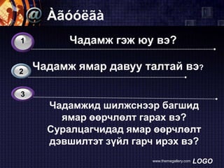 Àãóóëãà
1
3

2

Чадамж гэж юу вэ?
Чадамж ямар давуу талтай вэ?

3

Чадамжид шилжснээр багшид
ямар өөрчлөлт гарах вэ?
Суралцагчидад ямар өөрчлөлт
дэвшилтэт зүйл гарч ирэх вэ?
www.themegallery.com

LOGO

 