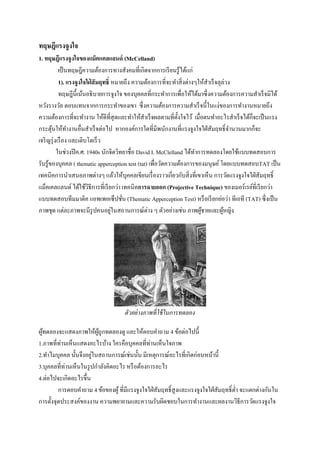 ทฤษฎีแรงจูงใจ
1. ทฤษฎีแรงจูงใจของแม็คแคลแลนด์ (McCelland)
เป็ นทฤษฎีความต้องการทางสังคมที่เกิดจากการเรี ยนรู ้ได้แก่
1). แรงจูงใจใฝ่ สั มฤทธิ์ หมายถึง ความต้องการที่จะทาสิ่ งต่างๆให้สาเร็ จลุล่วง
ทฤษฎีน้ ีเน้นอธิ บายการจูงใจ ของบุคคลที่กระทาการเพื่อให้ได้มาซึ่งความต้องการความสาเร็ จมิได้
หวังรางวัล ตอบแทนจากการกระทาของเขา ซึ่ งความต้องการความสาเร็ จนี้ในแง่ของการทางานหมายถึง
ความต้องการที่จะทางาน ให้ดีที่สุดและทาให้สาเร็ จผลตามที่ต้ งใจไว้ เมื่อตนทาอะไรสาเร็ จได้ก็จะเป็ นแรง
ั
กระตุนให้ทางานอื่นสาเร็ จต่อไป หากองค์การใดที่มีพนักงานที่แรงจูงใจใฝ่ สัมฤทธิ์ จานวนมากก็จะ
้
เจริ ญรุ่ งเรื อง และเติบโตเร็ ว
ในช่วงปี ค.ศ. 1940s นักจิตวิทยาชื่อ David I. McClelland ได้ทาการทดลองโดยใช้แบบทดสอบการ
รับรู้ของบุคคล ( thematic apperception test (tat) เพื่อวัดความต้องการของมนุษย์ โดยแบบทดสอบTAT เป็ น
เทคนิคการนาเสนอภาพต่างๆ แล้วให้บุคคลเขียนเรื่ องราวเกี่ยวกับสิ่ งที่เขาเห็น การวัดแรงจูงใจใฝ่ สัมฤทธิ์
แม็คเคลแลนด์ ได้ใช้วธีการที่เรี ยกว่า เทคนิคการฉายออก (Projective Technique) ของเมอร์ เรย์ที่เรี ยกว่า
ิ
แบบทดสอบทีมมาติค แอพเพอเซ็ปชัน (Thematic Apperception Test) หรื อเรี ยกย่อว่า ทีเอที (TAT) ซึ่งเป็ น
่
่
ภาพชุด แต่ละภาพจะมีรูปคนอยูในสถานการณ์ต่าง ๆ ตัวอย่างเช่น ภาพผูชายและผูหญิง
้
้

ตัวอย่ างภาพที่ใช้ ในการทดลอง
ผูทดลองจะแสดงภาพให้ผถูกทดลองดู และให้ตอบคาถาม 4 ข้อต่อไปนี้
้
ู้
1.ภาพที่ท่านเห็นแสดงอะไรบ้าง ใครคือบุคคลที่ท่านเห็นใจภาพ
่
2.ทาไมบุคคล นั้นจึงอยูในสถานการณ์เช่นนั้น มีเหตุการณ์อะไรที่เกิดก่อนหน้านี้
3.บุคคลที่ท่านเห็นในรู ปกาลังคิดอะไร หรื อต้องการอะไร
4.ต่อไปจะเกิดอะไรขึ้น
การตอบคาถาม 4 ข้อของผู้ ที่มีแรงจูงใจใฝ่ สัมฤทธิ์ สูงและแรงจูงใจใฝ่ สัมฤทธิ์ ต่า จะแตกต่างกันใน
การตั้งจุดประสงค์ของงาน ความพยายามและความรับผิดชอบในการทางานและผลงานวิธีการวัดแรงจูงใจ

 