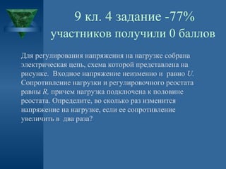 9 кл. 4 задание -77%
участников получили 0 баллов
Для регулирования напряжения на нагрузке собрана
электрическая цепь, схема которой представлена на
рисунке. Входное напряжение неизменно и равно U.
Сопротивление нагрузки и регулировочного реостата
равны R, причем нагрузка подключена к половине
реостата. Определите, во сколько раз изменится
напряжение на нагрузке, если ее сопротивление
увеличить в два раза?

 