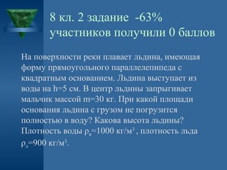 8 кл. 2 задание -63%
участников получили 0 баллов
На поверхности реки плавает льдина, имеющая
форму прямоугольного параллелепипеда с
квадратным основанием. Льдина выступает из
воды на h=5 см. В центр льдины запрыгивает
мальчик массой m=30 кг. При какой площади
основания льдина с грузом не погрузится
полностью в воду? Какова высота льдины?
Плотность воды ρв=1000 кг/м3 , плотность льда
ρл=900 кг/м3.

 
