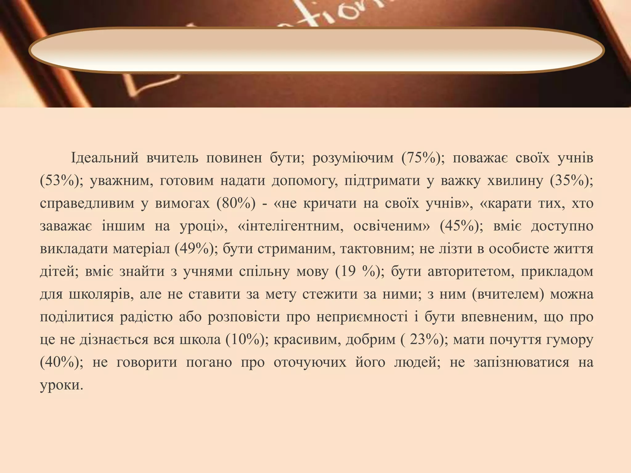 Ідеальний вчитель повинен бути; розуміючим (75%); поважає своїх учнів
(53%); уважним, готовим надати допомогу, підтримати у важку хвилину (35%);
справедливим у вимогах (80%) - «не кричати на своїх учнів», «карати тих, хто
заважає іншим на уроці», «інтелігентним, освіченим» (45%); вміє доступно
викладати матеріал (49%); бути стриманим, тактовним; не лізти в особисте життя
дітей; вміє знайти з учнями спільну мову (19 %); бути авторитетом, прикладом
для школярів, але не ставити за мету стежити за ними; з ним (вчителем) можна
поділитися радістю або розповісти про неприємності і бути впевненим, що про
це не дізнається вся школа (10%); красивим, добрим ( 23%); мати почуття гумору
(40%); не говорити погано про оточуючих його людей; не запізнюватися на
уроки.

 