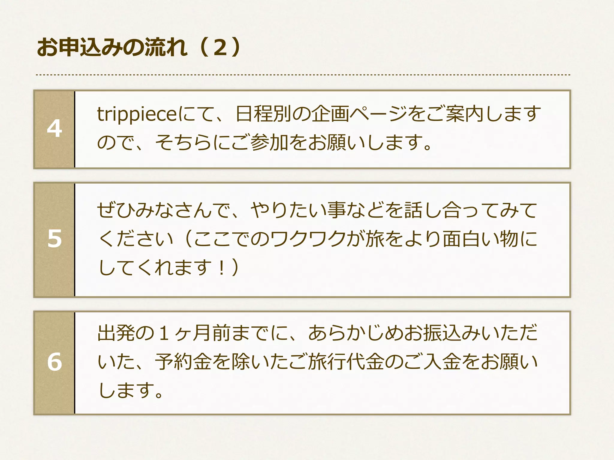 お申込みの流流れ（２）

4

 　trippieceにて、⽇日程別の企画ページをご案内します
 　ので、そちらにご参加をお願いします。

5

 　ぜひみなさんで、やりたい事などを話し合ってみて
 　ください（ここでのワクワクが旅をより⾯面⽩白い物に
 　してくれます！）

6

 　出発の１ヶ⽉月前までに、あらかじめお振込みいただ
 　いた、予約⾦金金を除いたご旅⾏行行代⾦金金のご⼊入⾦金金をお願い
 　します。

 