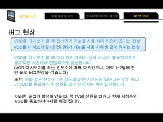 버그 현상
VOD를 다시보기 할 때 건너뛰기 기능을 사용 시에 화면이 끊기는 현상
VOD를 다시보기 할 때 건너뛰기 기능을 사용 시에 화면이 깨지는 현상
VOD를 다시보기 할 때 마다 매번 그러는 것이 아니라, 불규칙적으로,
불규칙한 시간대에 랜덤적으로 발생합니다.
(VOD 다시보기를 하는 빈도수에 따라 다르겠으나, 대략 1~2달에 한
번 꼴로 버그현상을 겪습니다)
또한, 이와 같은 현상이 1초 정도의 짧은 시간동안 일어나는 것이 아니
라 VOD를 종료하거나 전원을 끄기 전까지는 계속 발생합니다.
이러한 버그가 발생하였을 때, 쿡 TV의 전원을 끄거나 현재 시청중인
VOD를 종료하여야지만 해결 됩니다.

 