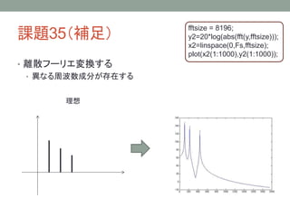 課題35（補足）
• 離散フーリエ変換する
• 異なる周波数成分が存在する
理想

fftsize = 8196;
y2=20*log(abs(fft(y,fftsize)));
x2=linspace(0,Fs,fftsize);
plot(x2(1:1000),y2(1:1000));

 