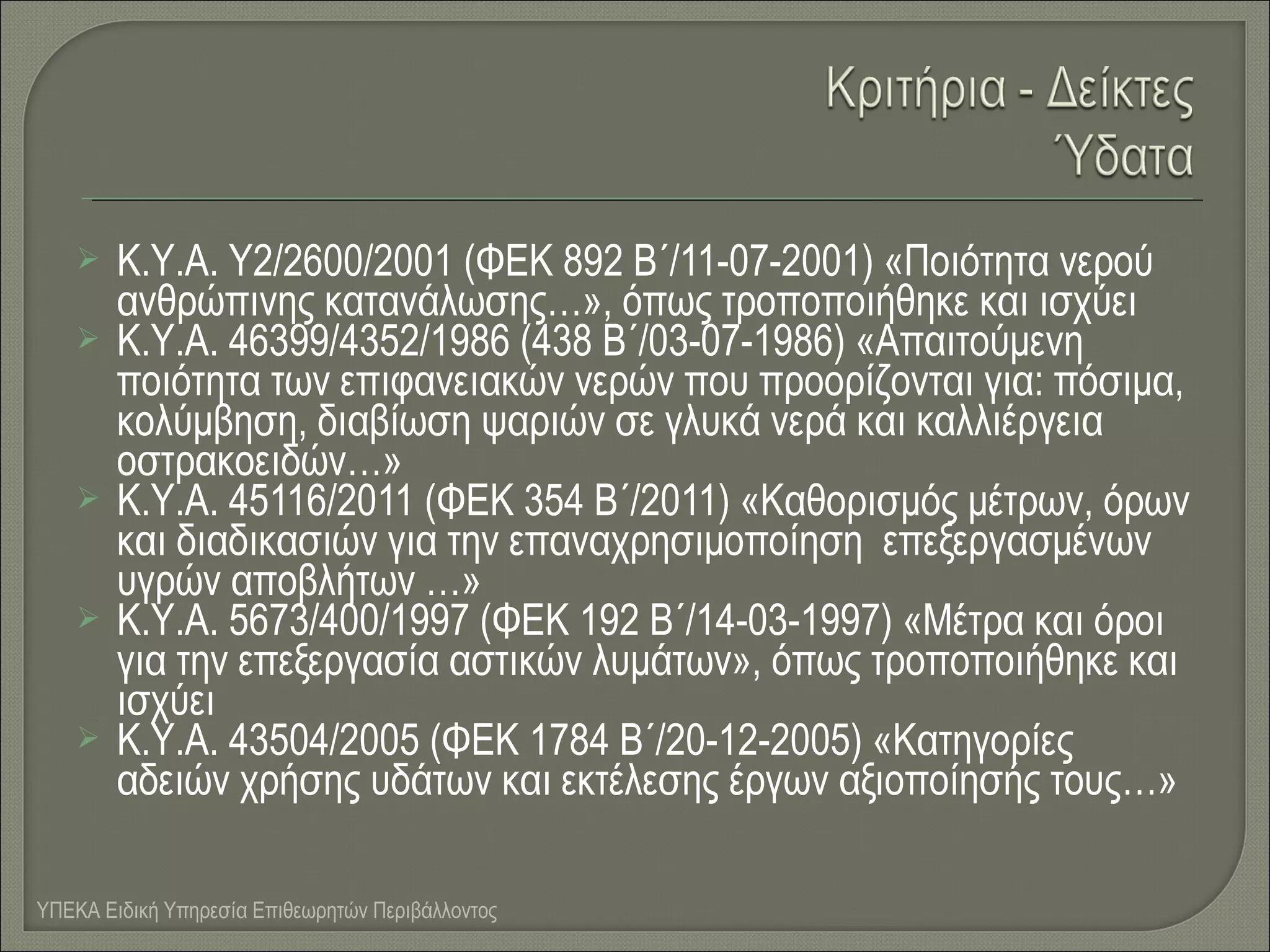 








Κ.Υ.Α. Υ2/2600/2001 (ΦΕΚ 892 Β΄/11-07-2001) «Ποιότητα νερού
ανθρώπινης κατανάλωσης…», όπως τροποποιήθηκε και ισχύει
Κ.Υ.Α. 46399/4352/1986 (438 Β΄/03-07-1986) «Απαιτούμενη
ποιότητα των επιφανειακών νερών που προορίζονται για: πόσιμα,
κολύμβηση, διαβίωση ψαριών σε γλυκά νερά και καλλιέργεια
οστρακοειδών…»
Κ.Υ.Α. 45116/2011 (ΦΕΚ 354 Β΄/2011) «Καθορισμός μέτρων, όρων
και διαδικασιών για την επαναχρησιμοποίηση επεξεργασμένων
υγρών αποβλήτων …»
Κ.Υ.Α. 5673/400/1997 (ΦΕΚ 192 Β΄/14-03-1997) «Μέτρα και όροι
για την επεξεργασία αστικών λυμάτων», όπως τροποποιήθηκε και
ισχύει
Κ.Υ.Α. 43504/2005 (ΦΕΚ 1784 Β΄/20-12-2005) «Κατηγορίες
αδειών χρήσης υδάτων και εκτέλεσης έργων αξιοποίησής τους…»

ΥΠΕΚΑ Ειδική Υπηρεσία Επιθεωρητών Περιβάλλοντος

 
