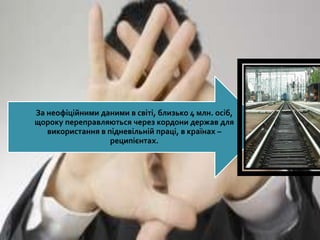 За неофіційними даними в світі, близько 4 млн. осіб,
щороку переправляються через кордони держав для
використання в підневільній праці, в країнах –
реципієнтах.

 
