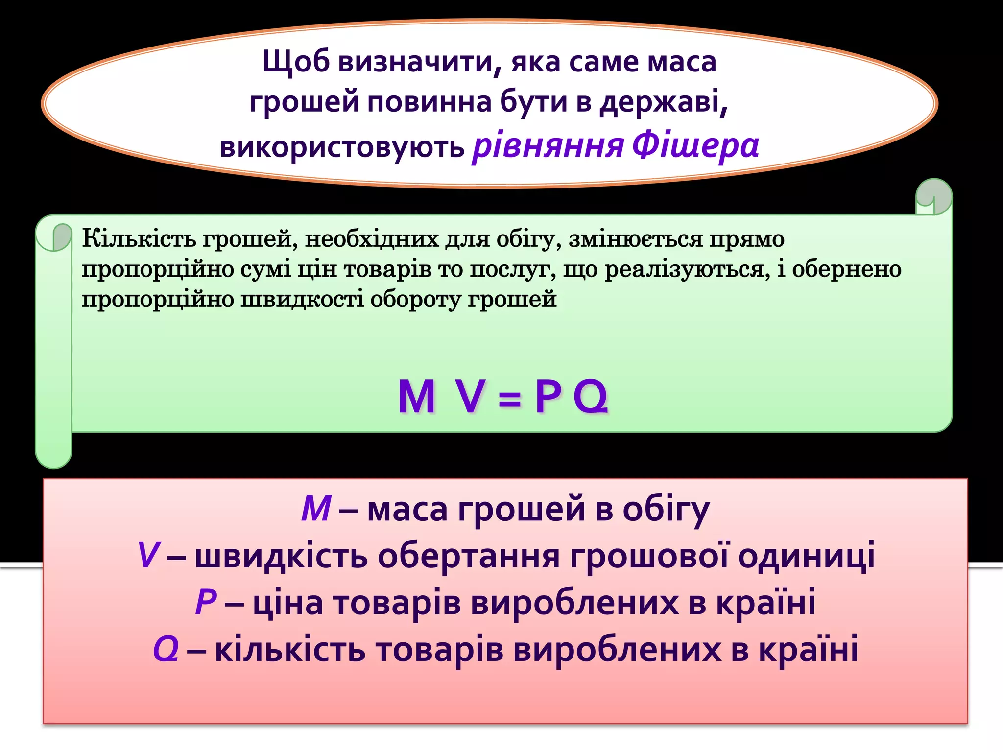 Щоб визначити, яка саме маса
грошей повинна бути в державі,
використовують рівняння Фішера
Кількість грошей, необхідних для обігу, змінюється прямо
пропорційно сумі цін товарів то послуг, що реалізуються, і обернено
пропорційно швидкості обороту грошей

M V=РQ
M – маса грошей в обігу
V – швидкість обертання грошової одиниці
P – ціна товарів вироблених в країні
Q – кількість товарів вироблених в країні

 