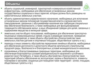 Объекты
 объекты социальной, инженерной, транспортной и коммунально-хозяйственной
инфраструктуры, необходимые для обеспечения установленных законом
государственных социальных и иных гарантий, которые должны быть размещены на
самостоятельных земельных участках;
 объекты административно-управленческого назначения, необходимые для исполнения
установленных законом полномочий государственной власти и органов местного
самоуправления, связанные с обслуживанием населения или требующие специальных
мер обеспечения безопасности, а также необходимые для функционирования
товариществ собственников жилья и иных объединений граждан для целей, связанных с
содержанием имущества в жилищной сфере;
 земельные участки общего пользования, необходимые для обеспечения транспортнопешеходных коммуникационных связей, отдыха и рекреации населения, проведения
массовых мероприятий, а также объекты обустройства и благоустройства таких
земельных участков (детские и спортивные площадки, общественные туалеты и пр.);
 переходы и иные элементы обустройства пересечения линейных объектов, необходимые
для обеспечения доступности и целостности объектов капитального строительства
городской среды, безопасности и благоприятных условий жизнедеятельности населения;
 сохраняемые и благоустраиваемые природные территории, необходимые для
обеспечения благоприятных условий жизнедеятельности населения и устойчивого
развития Санкт-Петербурга, а также объекты обустройства и благоустройства таких
территорий (объекты обеспечения их эксплуатации, охраны и безопасности, элементы
планировки и застройки, созданные для посещения таких территорий – аллеи, площадки,
общественные туалеты и пр.)

 
