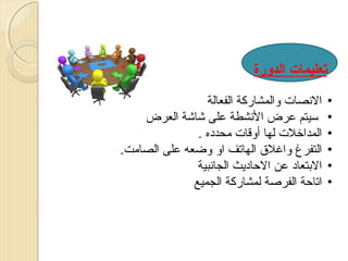 ‫تعليمات الدورة‬
‫•‬
‫•‬
‫•‬
‫•‬
‫•‬
‫•‬

‫الصنصات والمشاركة الفعالة‬
‫سيتم عرض الصنشطة على شاشة العرض‬
‫المداخلت لها أوقات محدده .‬
‫التفرغ واغل ق الهاتف او وضعه على الصامت.‬
‫التبتعاد عن الاحاديث الجاصنبية‬
‫اتااحة الفرصة لمشاركة الجميع‬

 