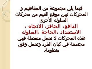 ‫فيما يلي مجموعة من المفاهيم و‬
‫المحركات تبين موقع القيم من محركات‬
‫السلوك الرخرى‬
‫الدافع، الحافز، التجاه ،‬
‫الستعداد ،الحاجة ،السلوك‬
‫هذه المحركات ل تعمل منفصلة فهي‬
‫مجتمعة في كيان الفرد وتعمل وفق‬
‫منظومة.‬

 