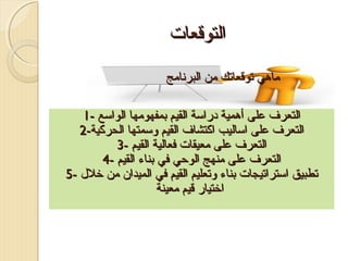 ‫التوقعات‬
‫ماهي توقعاتك من البرصنامج‬
‫التعرف على أهمية دراسة القيم تبمفهومها الواسع -1‬
‫التعرف على اساليب اكتشاف القيم وسمتها الحركية-2‬
‫التعرف على معيقات فعالية القيم -3‬
‫التعرف على منهج الواحي في تبناء القيم -4‬
‫تطبيق استراتيجات تبناء وتعليم القيم في الميدان من خل ل -5‬
‫اختيار قيم معينة‬

 