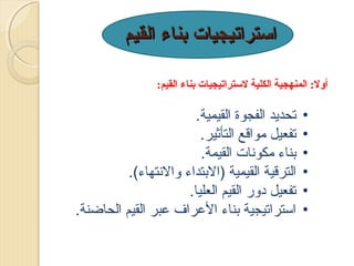 ‫اتستراتيجيات بناء القيم‬
‫أول: المنهجية الكلية لستراتيجيات بناء القيم:‬

‫•‬
‫•‬
‫•‬
‫•‬
‫•‬
‫•‬

‫تحدميد الفجوة القيمية.‬
‫تفعيل مواقع التأثير.‬
‫بناء مكونات القيمة.‬
‫الترقية القيمية )البتداء والنتهاء(.‬
‫تفعيل دور القيم العليا.‬
‫استراتيجية بناء العراف عبر القيم الحاضنة.‬

 