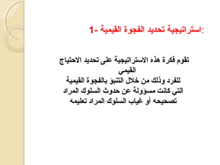 ‫:اتستراتيجية تحديد الفجوة القيمية -1‬
‫تقوم فكرة هذه الستراتيجية على تحديد الحتياج‬
‫القيمي‬
‫للفرد وذلك من رخلل التنبؤ بالفجوة القيمية‬
‫التي كانت مسؤولة عن حدوث السلو:ك المراد‬
‫تصحيحه أو غياب السلو:ك المراد تعليمه‬

 
