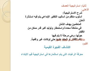 ‫ثانيا: استراتيجية العصف‬
‫اً‬
‫الذهني:‬
‫شرح الستراتيجية:‬
‫أسلوب منظم من أساليب التفكير التبداعي يتم فيه استـثارة‬
‫أذهان‬
‫المتعلمين تبهدف التأمل‬
‫في مشكلة محددة واستمطار وتوليد أكبر قدر ممكن من‬
‫الفكار‬
‫حولها، وهي مرحلة ل يتم فيها‬
‫نقدهذه الستراتيجية تبتعليم حتى لوكانت غير واقعية.‬
‫علقة الفكار أو الحكم عليها‬
‫القيم:‬

‫اكتشاف الفجوة القيمية‬

‫معرفة الرغبات التي يتم استثمارها في استراتيجية قيم البتداء‬

 