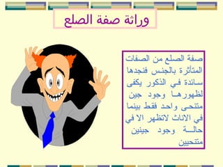 ‫وراثة صفة الصلع‬
‫اصفة الصلع من الصفات‬
‫المتأثرة بالجنيس فنجدها‬
‫سيائدة فيي الذكور يكفى‬
‫لظهورهييا وجود جين‬
‫متنحيى واحيد فقيط بينما‬
‫في الناث لتظهر ال في‬
‫حالييية وجود جينين‬
‫متنحيين‬

 