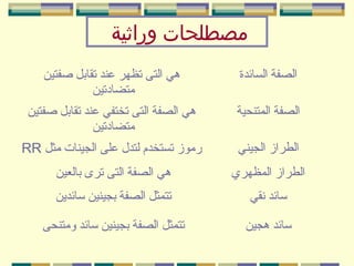 ‫مصطلحات وراثية‬
‫الصفة السائدة‬

‫هي التى تظهر عند تقابل صفتين‬
‫متضادتين‬

‫الصفة المتنحية‬

‫هي الصفة التى تختفي عند تقابل صفتين‬
‫متضادتين‬

‫الطراز الجيني‬

‫رموز تستخدم لتدل على الجينات مثل ‪RR‬‬

‫الطراز المظهري‬

‫هي الصفة التى ترى بالعين‬

‫سائد نقي‬

‫تتمثل الصفة بجينين سائدين‬

‫سائد هجين‬

‫تتمثل الصفة بجينين سائد ومتنحى‬

 