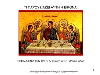 ΤΙ ΠΑΡΟΥΣΙΑΖΕΙ ΑΥΤΗ Η ΕΙΚΟΝΑ;

ΤΗ ΦΙΛΟΞΕΝΙΑ ΤΩΝ ΤΡΙΩΝ ΑΓΓΕΛΩΝ ΑΠΟ ΤΟΝ ΑΒΡΑΑΜ.

2ο Πειραματικό Γ/σιο:Θεολόγος Δρ Σμαράγδα Φαρίδου.

4

 