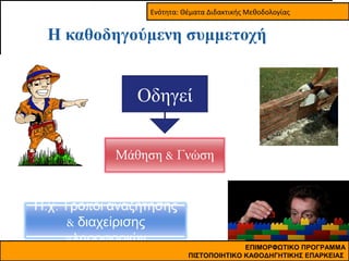 Ενότητα: Θέματα Διδακτικής Μεθοδολογίας

Η καθοδηγούμενη συμμετοχή

Οδηγεί

Π.χ. Τρόποι αναζήτησης
& διαχείρισης
πληροφοριών

ΕΠΙΜΟΡΦΩΤΙΚΟ ΠΡΟΓΡΑΜΜΑ
ΠΙΣΤΟΠΟΙΗΤΙΚΟ ΚΑΘΟΔΗΓΗΤΙΚΗΣ ΕΠΑΡΚΕΙΑΣ

 