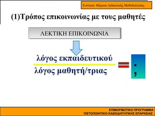 Ενότητα: Θέματα Διδακτικής Μεθοδολογίας

(1)Τρόπος επικοινωνίας με τους μαθητές
ΛΕΚΤΙΚΗ ΕΠΙΚΟΙΝΩΝΙΑ
ΛΕΚΤΙΚΗ ΕΠΙΚΟΙΝΩΝΙΑ

λόγος εκπαιδευτικού
λόγος μαθητή/τριας

;

ΕΠΙΜΟΡΦΩΤΙΚΟ ΠΡΟΓΡΑΜΜΑ
ΠΙΣΤΟΠΟΙΗΤΙΚΟ ΚΑΘΟΔΗΓΗΤΙΚΗΣ ΕΠΑΡΚΕΙΑΣ

 