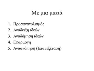 Με μια ματιά
1.
2.
3.
4.
5.

Προσανατολισμός
Ανάδειξη ιδεών
Αναδόμηση ιδεών
Εφαρμογή
Ανασκόπηση (Επανεξέταση)

 