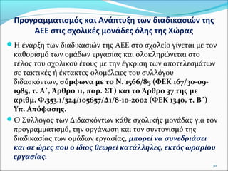 Προγραμματισμός και Ανάπτυξη των διαδικασιών της
ΑΕΕ στις σχολικές μονάδες όλης της Χώρας
Η έναρξη των διαδικασιών της ΑΕΕ στο σχολείο γίνεται με τον

καθορισμό των ομάδων εργασίας και ολοκληρώνεται στο
τέλος του σχολικού έτους με την έγκριση των αποτελεσμάτων
σε τακτικές ή έκτακτες ολομέλειες του συλλόγου
διδασκόντων, σύμφωνα με το Ν. 1566/85 (ΦΕΚ 167/30-091985, τ. Α΄, Άρθρο 11, παρ. ΣΤ) και το Άρθρο 37 της με
αριθμ. Φ.353.1/324/105657/Δ1/8-10-2002 (ΦΕΚ 1340, τ. Β΄)
Υπ. Απόφασης.
Ο Σύλλογος των Διδασκόντων κάθε σχολικής μονάδας για τον
προγραμματισμό, την οργάνωση και τον συντονισμό της
διαδικασίας των ομάδων εργασίας, μπορεί να συνεδριάσει
και σε ώρες που ο ίδιος θεωρεί κατάλληλες, εκτός ωραρίου
εργασίας.
30

 