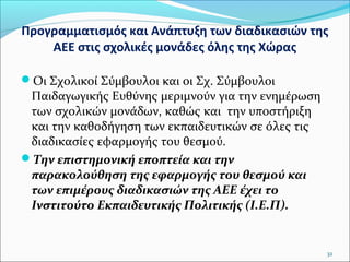 Προγραμματισμός και Ανάπτυξη των διαδικασιών της
ΑΕΕ στις σχολικές μονάδες όλης της Χώρας
Οι Σχολικοί Σύμβουλοι και οι Σχ. Σύμβουλοι

Παιδαγωγικής Ευθύνης μεριμνούν για την ενημέρωση
των σχολικών μονάδων, καθώς και την υποστήριξη
και την καθοδήγηση των εκπαιδευτικών σε όλες τις
διαδικασίες εφαρμογής του θεσμού.
Την επιστημονική εποπτεία και την
παρακολούθηση της εφαρμογής του θεσμού και
των επιμέρους διαδικασιών της ΑΕΕ έχει το
Ινστιτούτο Εκπαιδευτικής Πολιτικής (Ι.Ε.Π).

32

 