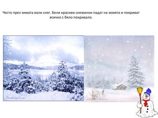 Често през зимата вали сняг. Бели красиви снежинки падат на земята и покриват
всичко с бяло покривало.

 